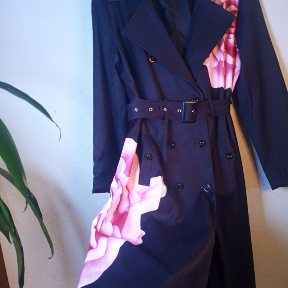Maraval Silky Black Pink Rose Floral Bohemian Belted Classic Trench Coat Dress M - Picture 3 of 11